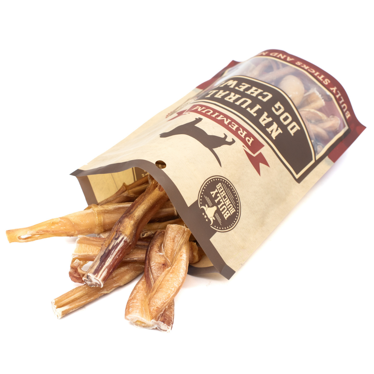 Sachet Bully Bunches ouvert et friandises à mâcher de formes variées