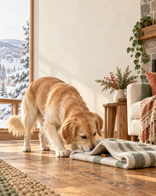 Golden dog sniffing a towel in a cozy winter living room